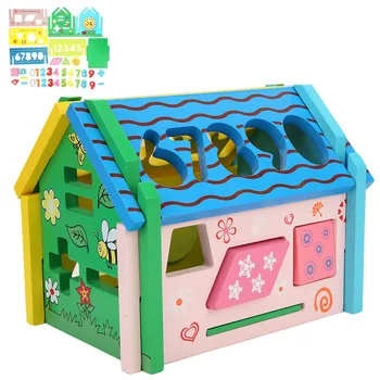 Дървен блок във формата на къщи, играчка, съответстваща на формата на образователни строителни блокчета, играчка-игра, която разработва играчка за ранно обучение на деца