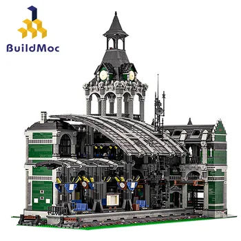 MOC Ретро архитектура, тъмно зелен стил на модулен жп гара строителни блокове комплект архитектура жп гара тухли, играчки, подаръци