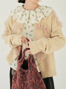 Оригиналният дизайн на кардигана Imakokoni's, трикотаж, есен-зима, завързана топъл пуловер в стил мозайка с дълъг ръкав, дамски дрехи 223947