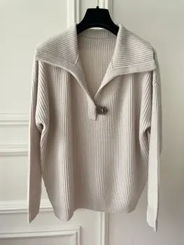 Вълнен пуловер с ревера на пипане е нежна, мека, воскообразный, дизайн с голям ревера, свободен профил, есен 2023, новост, лидер на продажбите