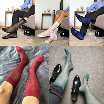Мъжки секси прозрачни копринени високи чорапи, мъжки вечерни рокли, прозрачни чорапи за секс-игри, мъжки найлонови чорапи за БДСМ-роб, фетишистки, гей-тръба, коприна