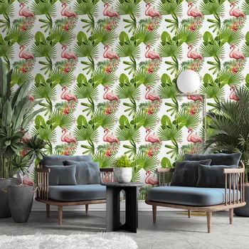 Тапет с фламинго, големи зелени листа, пеперуди, подвижни самозалепващи се тапети за декорация на стените в хола