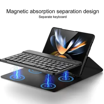 Клавиатура Обикновен Кожен Калъф За Samsung Galaxy Z Fold 4 5G Калъф БТ Mute Клавиатура Безжична Сгъваема Поставка Funda За Fold4