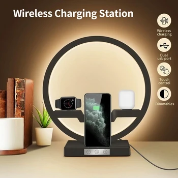 Безжична зарядно устройство 4 в 1, за iPhone13 12 Apple Watch Airpods докинг станция за безжично зарядно устройство с прикроватной лампа