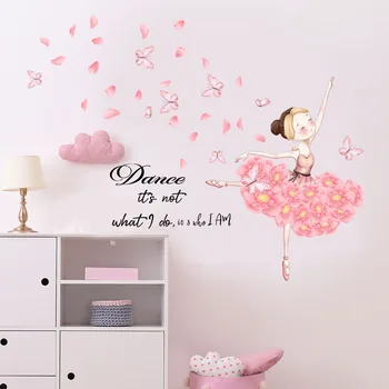 30* 60 см Танцьорка момиче, розова пеперуда, мультяшная стикер за стена, декорация за хол, спалня, кабинет, самозалепващи стенни стикер