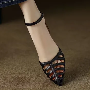 Дамски сандали в стил ретро, дамски обувки-лодка с остри пръсти в римски стил, лятна новост 2023, дишаща модни проста дамски обувки с каишка и катарама