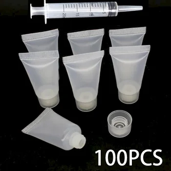 100ШТ Празни пластмасови тюбиков за изстискване Прозрачна козметични контейнери Множество Пластмасова бутилка за пътуване с дозирующим спринцовка