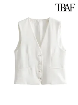 ТРАФИКА на Женски модерен жилетка копчета отпред, реколта дамски връхни дрехи без ръкави с V-образно деколте, шик блузи-потници