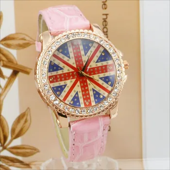 Новото производство 2020, дамски часовник WOMAGE, часовници с британския флаг, дамски часовници с кристали, кварцов часовник, дамски кожени часовници