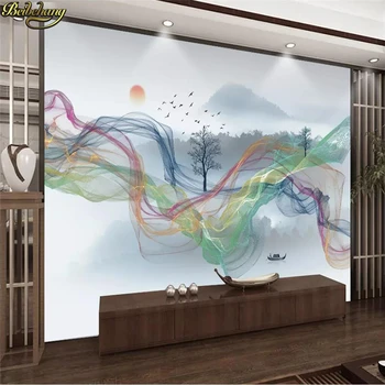 beibehang потребителски Абстрактни линии мастило пейзаж фото тапет за стена, дърво на голяма птица изгрева на слънцето на фона на 3D тапети начало декор