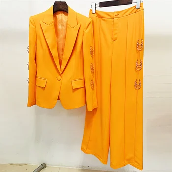 Модерен женски комплект от две части, новост 2023, оранжевото женски метален пръстен, блейзър, брючный костюм, бизнес вечер комплект панталон