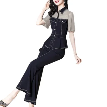 2023 Новият годишен женски комплект, корейската мода риза в стил мозайка в голям размер, и широки панталони, костюм от две части, темпераментна облекло 3XL