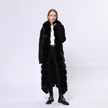 Есенно-зимно дамско палто от естествена лисьего кожа X-long, всекидневни модната вълна вязаный пуловер, яка от естествен лисьего кожа, жилетка с качулка