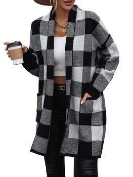 Жена пуловер с едра тел оверсайз, жилетка, палто с дълги ръкави и отворена предна част, ежедневни градинска облекло, мода