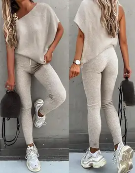 Комплекти панталони в спортен стил, женски модерен случайни декор с веригата, асиметричен топ с ръкави 