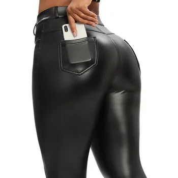 2023 Зимни черни кожени гамаши женски стегнати, повдигащ, гамаши, с висока талия, джобове, панталони от изкуствена кожа, фини кадифени панталони, стрейчевые, сексуална, Le