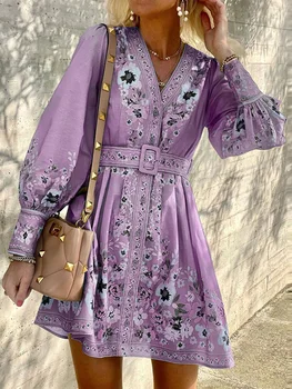Дамско Елегантно Шифоновое Макси рокля с Флорални принтом, Гофрированным подолом и Дълги ръкави, идеално за летния стил Бохо