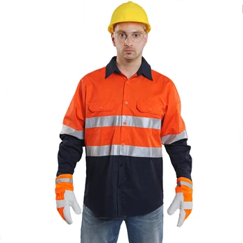 Оцветен защитно работна риза с дълъг ръкав, светоотражающая работни облекла от 100% памук, оранжеви, тъмно сини защитни ризи с панделки Hi Vis