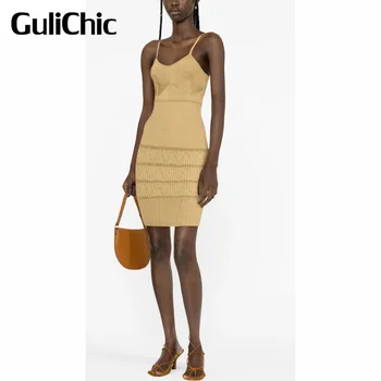 5,6 GuliChic Дамско модно однотонное трикотажное рокля с V-образно деколте и бретельками-спагети