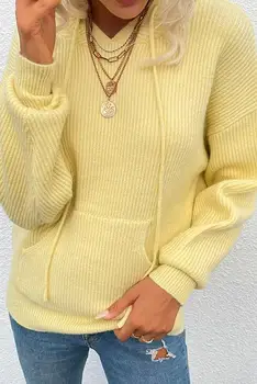 Пуловер с ръкави-фенерчета, вязаная риза с качулка и джобове, женски есенно-зимния темперамент, за пътуване до работа, монофонични свободен жена пуловер