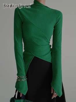 TWOTWINSTYLE, обикновен пуловер, възли блузи за жени, нередовен яка, Дълги ръкави, Всекидневни пуловер за отслабване, дамска мода, новост