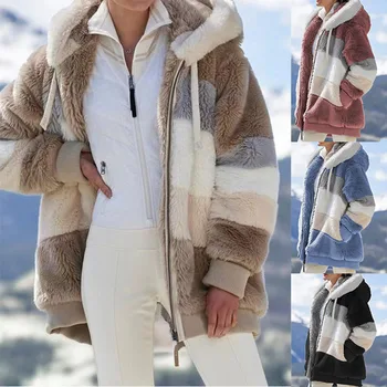 Зимно дамско яке с плюшено джоб с цип в стил мозайка, яке с качулка, меховое дамско палто голям размер, дебел топъл женски топ, зимни връхни дрехи