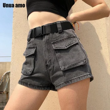 Unua amo, панталони-карго, панталони, дамски дънки с широки штанинами, кратко лято реколтата от ежедневните дънкови къси панталони с джобове и висока талия с колан