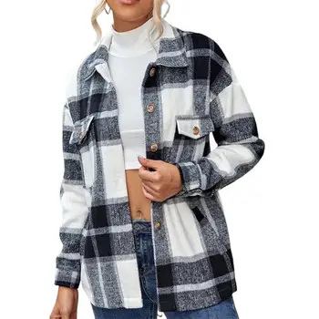 Жените риза, палто, джобове с капаци, отложной яка, палта с дълъг ръкав, карирани принт, риза с копчета, яке, връхни дрехи