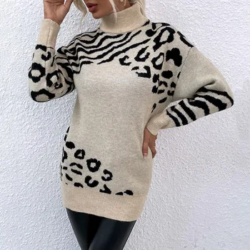 2023 Сексуално леопардовое женствена рокля-пуловер есен-зима, възли рокля-пуловер с висока воротом, ежедневни свободни рокли за партита с дълъг ръкав