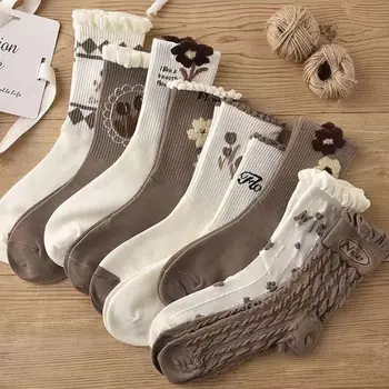 Чорапи дамски есен-зима плюшени чорапи в кавайном стил с цветен модел Ins, модерни, универсални чорапи със средна дължина, в корейски стил