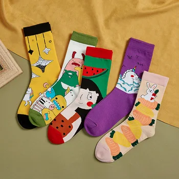 Пъстри къси чорапи с мультяшными животни за момичета, памучни чорапи в корейски стил Harajuku, дамски моден шик забавни щастливи чорапи, градинска облекло