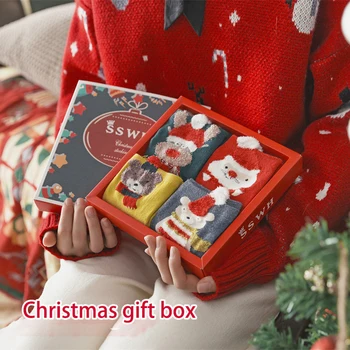 Гореща разпродажба, 4 чифта в кутия за подарък, дамски чорапи, Коледни, нова година, червени, с шарките на лосове, весели памучни чорапи
