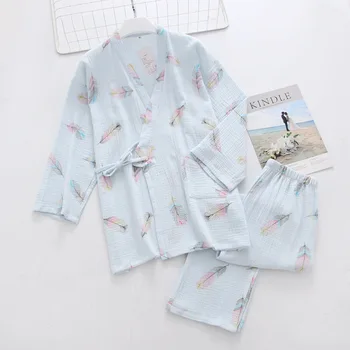 Японското кимоно, дамски пролетно-есенна пижами, панталони от две части с дълъг ръкав три четвърти, памук креповый дантелен комплект за дома