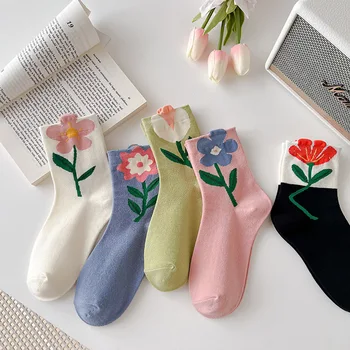 5 двойки женски нови памучни чорапи, с хубави цвете в японски корейски стил, ярки цветове, дишащи ежедневни чорапи със средна дължина, къси чорапи Kawaii