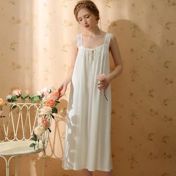 Реколта памучни нощници във френски стил, нощен риза, дамска нощница без ръкави с дантела аппликацией, пижами за почивка