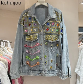 Kohuijoo 2023, пролетта и есента женски деним яке, модерен дизайн, тежки, цветни, с диаманти, свободни дънкови дамски палта с дълъг ръкав
