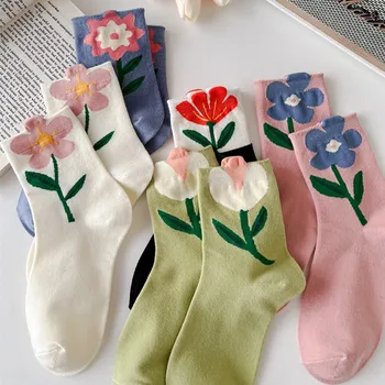 1 Чифт женски чорапи в японски корейски стил с анимационни цвете цвят карамел Harajuku Kawaii чорапи със средна дължина дишащи ежедневни къси чорапи