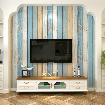 Тапети за ТЕЛЕВИЗИЯ в средиземноморски стил, фонова стена за хол, стена за филми и телевизия, имитация на дърво-гранули нетъкан текстил син цвят