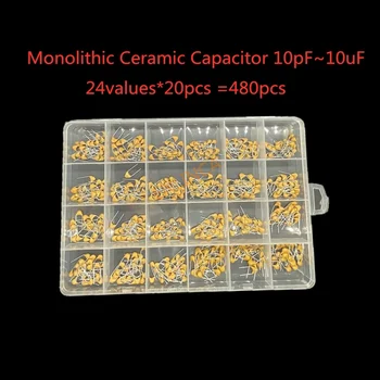 24 стойност * 20 броя = 480 парчета Монолитна керамичен кондензатор 10pF ~ 10 справедливост, керамичен кондензатор асорти комплект + кутия