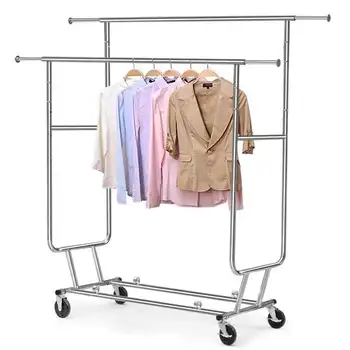 Регулируема сгъваема двухрельсовая закачалка за дрехи в търговската мрежа, сребрист цвят