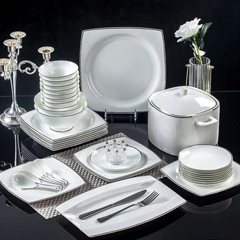 Цзиндэчжэньский керамични европейския набор от ястия с високо качество, чаша, чиния, костен порцелан, комбинация сребърни ръбове чинии
