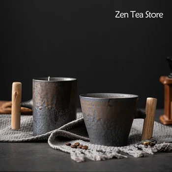 Чашата за кафе от груба керамика в японски стил, ръчно пране, специална чаша с уши, златна глазура, ретро-чаша с дървена дръжка с голям капацитет