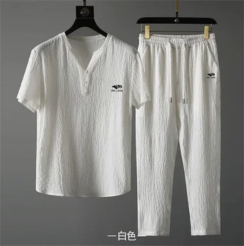 Мъжки комплект, лятна класически модерен обикновен комплект от 2 теми с къс ръкав, мъжки ежедневни свободна риза + панталон, спортно облекло