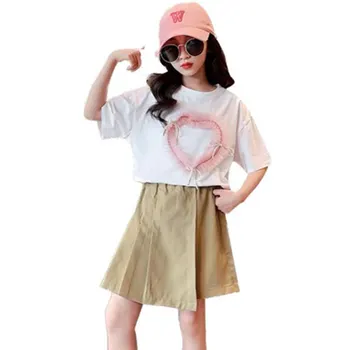 Лятна Тениска с Завързана Сърце за момичета + Шорти цвят Каки, Комплект, Пуловер с къс ръкав, Черни, Бели Блузи, Ежедневни Облекла За Момичета, Корейски костюми от 2 теми