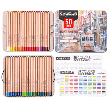 KALOUR 50 цвята Професионални меки пастелни моливи с нотки на дърво и кожа, стоманена кутия, пастел, цветни моливи за училище за рисуване