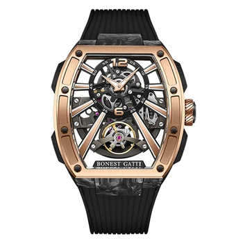 BONEST GATTI Мъжки луксозни часовници Tonneau Автоматични механични ръчни часовници, изработени от въглеродни влакна син сапфир скелет на Нажежен каишка от фторопластовой гума