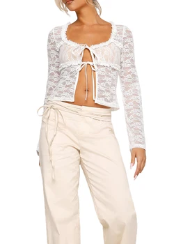 Женският елегантен прозрачен съкратен жилетка с цветна дантела и завязками отпред - стилната клубна дрехи с дълъг ръкав за пролет и лято