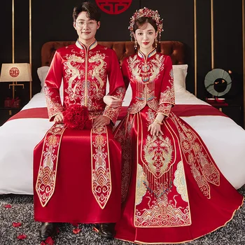 Прекрасен златисто-червен сатен костюм XiuHe, женски сватбена рокля в традиционен китайски стил, расшитое перли, с кристали, с дълъг ръкав, комплект за булката