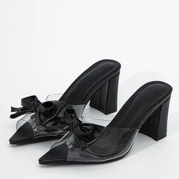 Ново записване, прозрачни чехли от PVC с възел пеперуди, дамски джапанки с остър отворени пръсти на площада обувки, дамски обувки, летни сандали