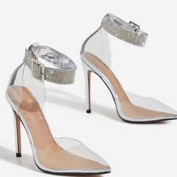 Moraima snc прозрачни PVC санхалы, големи размери, пикантни женски обувки в римски стил, с остри пръсти и кристали на много висок ток, PVC, цвят бял, телесен цвят